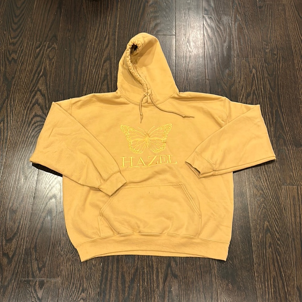 Hazel Mustard Yellow Hoodie with Butterfly Design